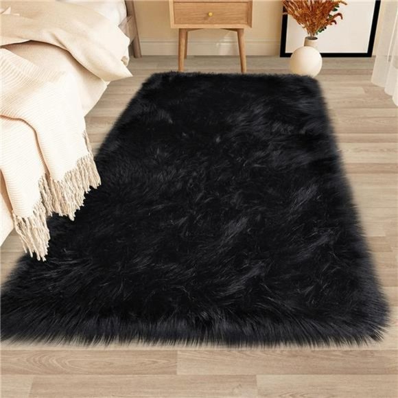 Accents | Soft Fluffy Area Rug Faux Fur Rug 3 X 5 Washable Rug Black ...